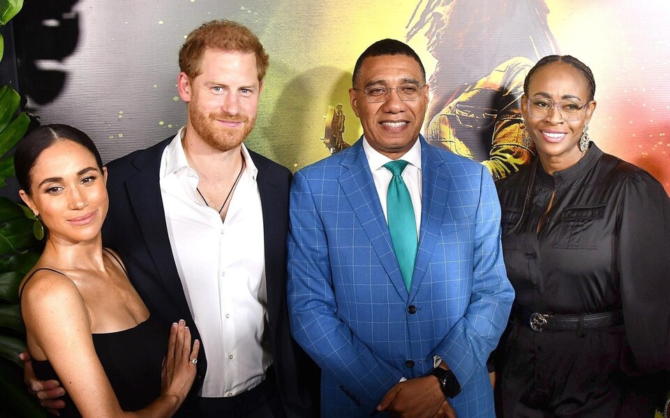 The Duke and Duchess of Sussex pictured with Jamaican prime minister Andrew Holness and his wife, Juliet Credit: BACKGRID 