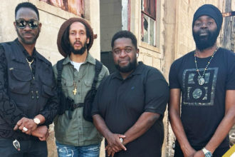 (L-R) Bounty Killer, Julian Marley, CD Master and Bugle on the set of their video shoot