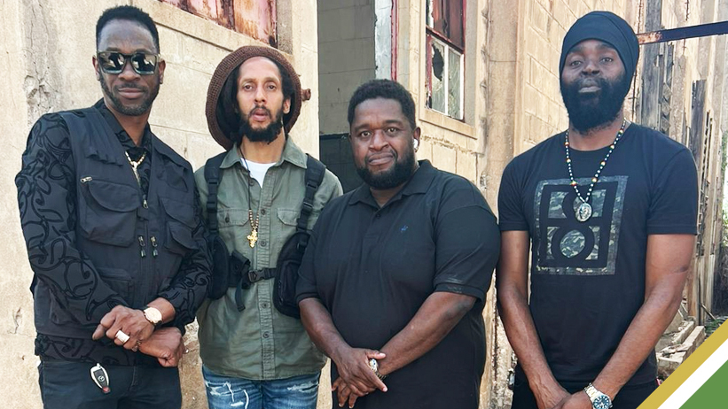 (L-R) Bounty Killer, Julian Marley, CD Master and Bugle on the set of their video shoot