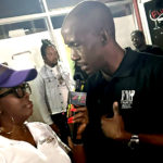 Comar 'Frankie Music' Campbell being interviewd by Zip FM's Sapphire at the 'Bashment 24 Riddim' Listening Party