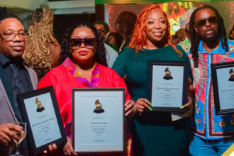 (L-R) Andre Locke, Chevelle Franklin, Macka Diamond and Delly Ranx at the Grammy Certificate Ceremony in Kingston