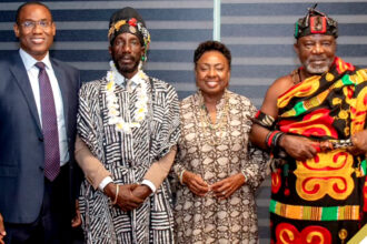 (L-R) Finance Minister Dr. Nigel Clarke, Sizzla Kalonji, Entertainment and Culture Minister Olivia Grange and King Nana Anim Obiri