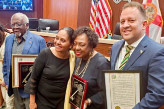 (L-R) Dr Julius Garvey, son of Jamaica's first National Hero, the Right Excellent Marcus Mosiah Garvey, Mayor Denise D. Grant, Jamaica’s Minister of Culture Olivia "Babsy" Grange, Jamaica's Consul General to Southern USA, Mr Oliver Mair (Photo credit: Luke Ballentine)