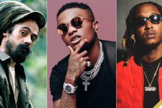 (L-R) Damian Marley, Wizkid, Projexx