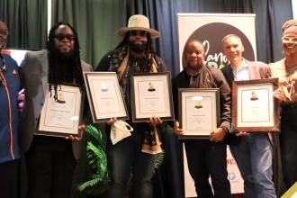 (L-R) Kennedy Mensah - CEO, Back 2 Da Future Music Limited, members of Morgan Heritage - Mojo Morgan, Gramps Morgan, Lukes Morgan, Frank Linwal - President, The Royalty Network Inc. and Calibe Thompson - Executive Director, Island SPACE Museum.